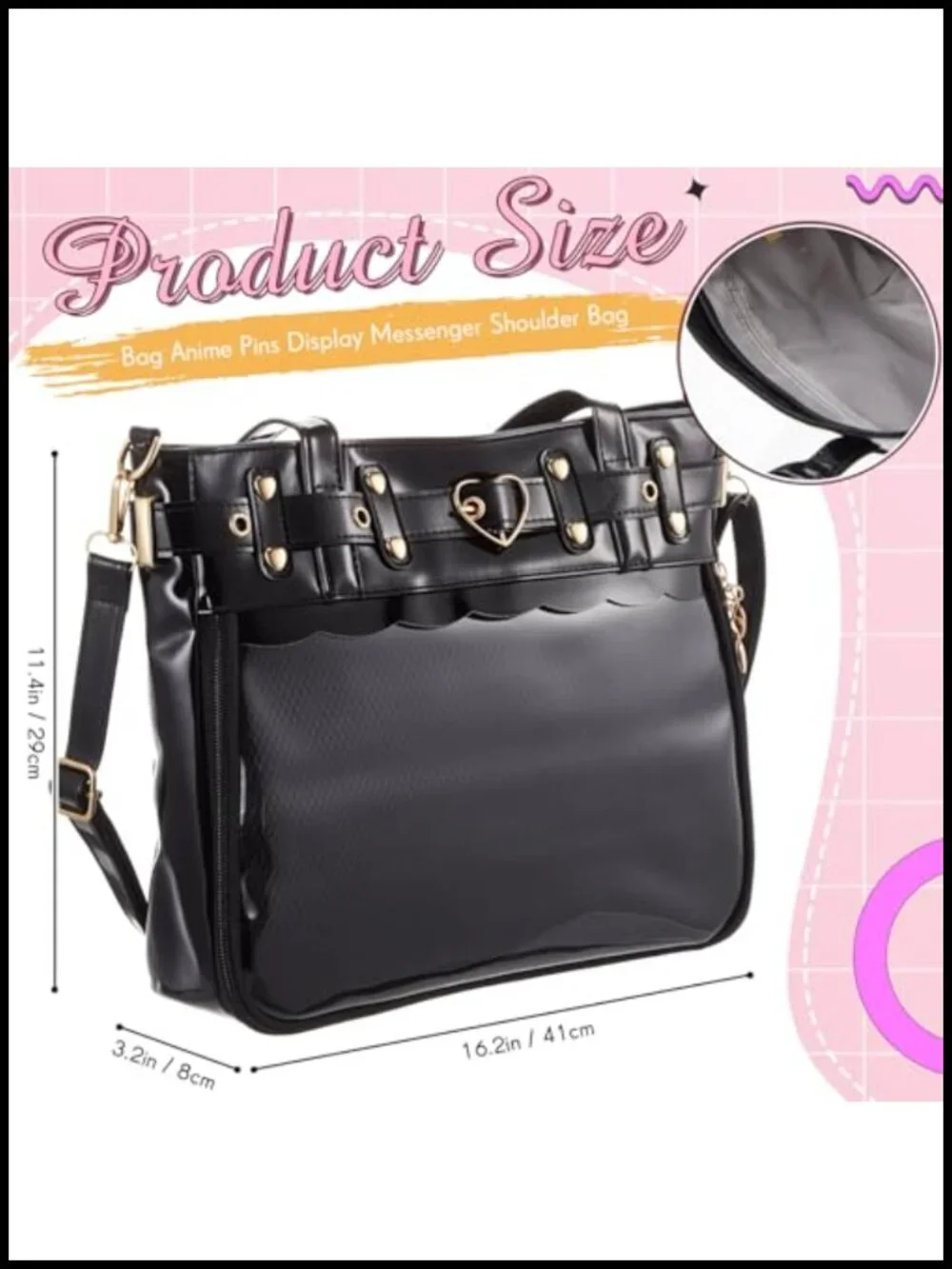 Large Ita Messenger Bag with Display Window for Pins, Anime, Kpop